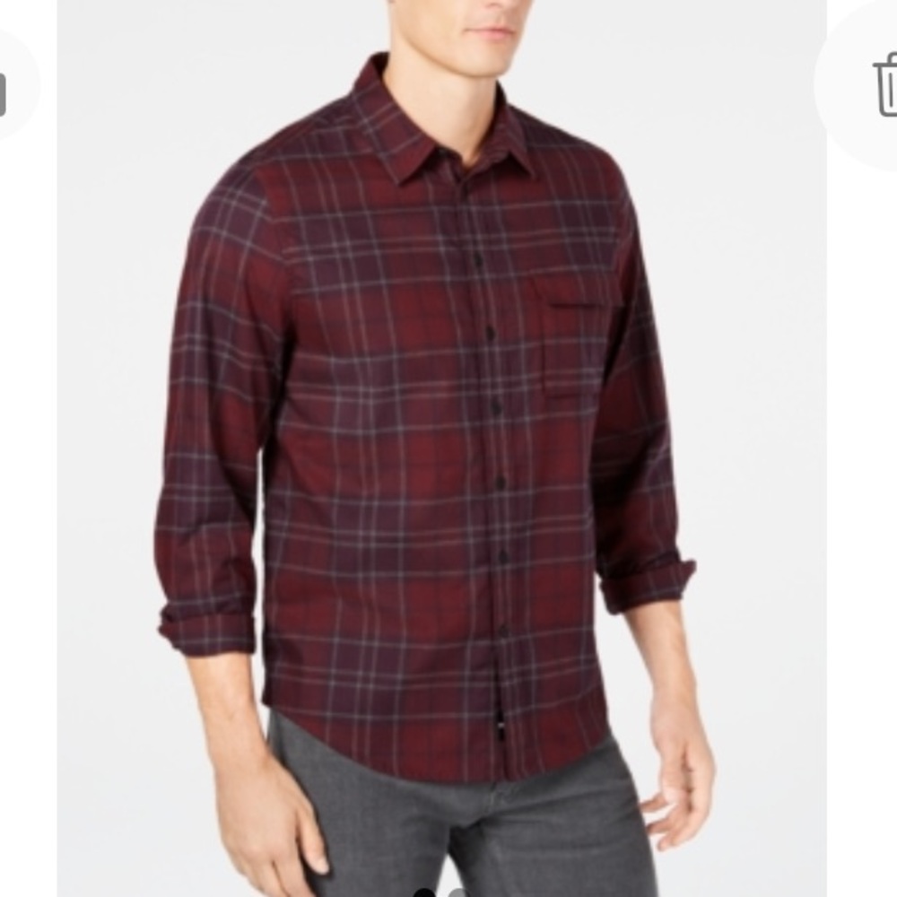 NEW DKNY Mens Button Down Plaid Casual Shirt, Size Small, Maroon